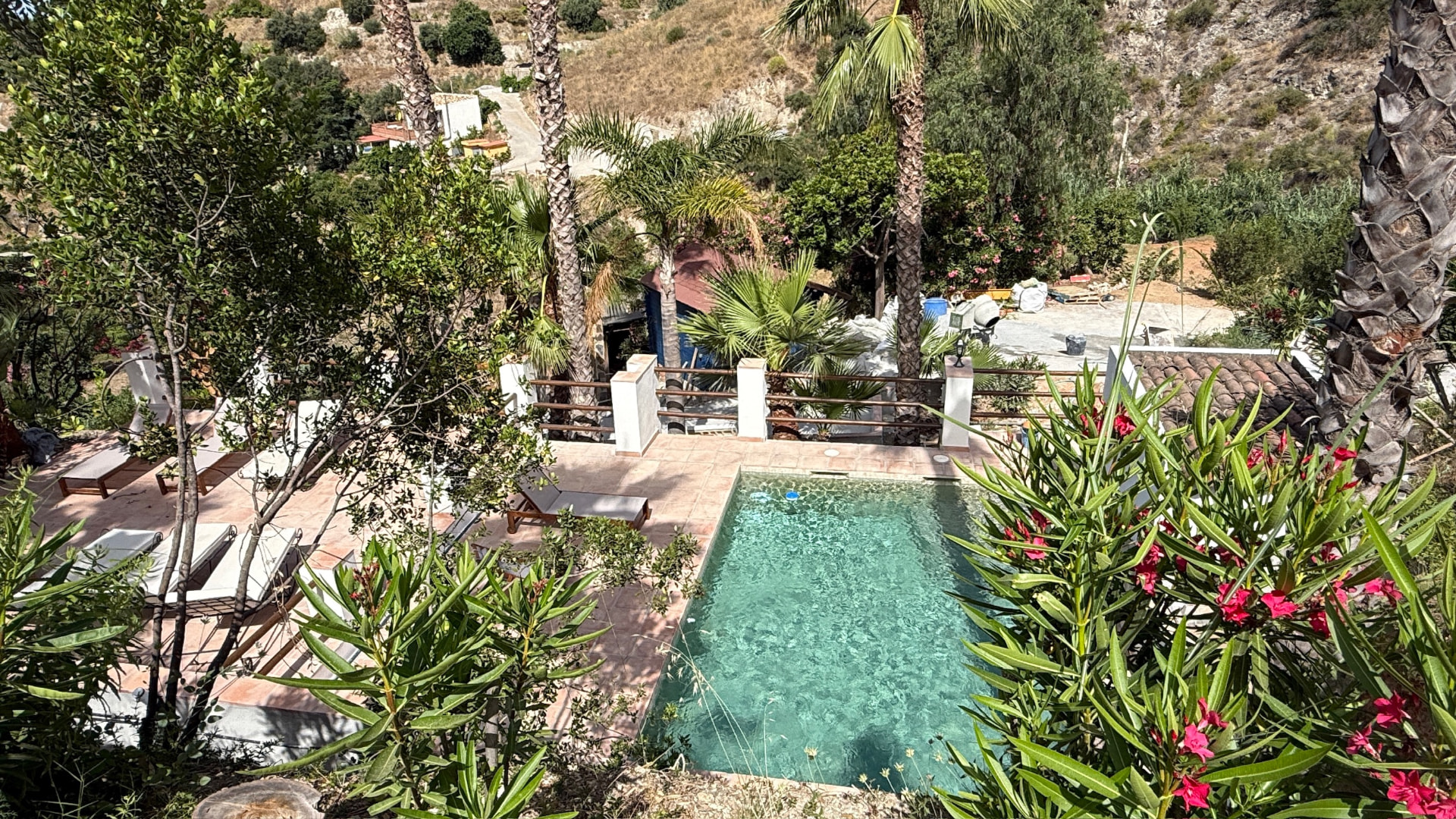 Pool med palmer och utsikt över Medelhavet på Finca Indigo