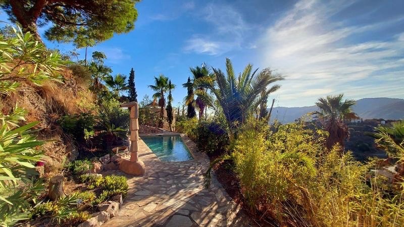 Pool med palmer och utsikt över Medelhavet på Finca Indigo